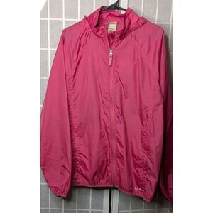 LL‎ Bean Womens Windbreaker Jacket Large Stowable Hood Nylon Zipper Pockets Pink